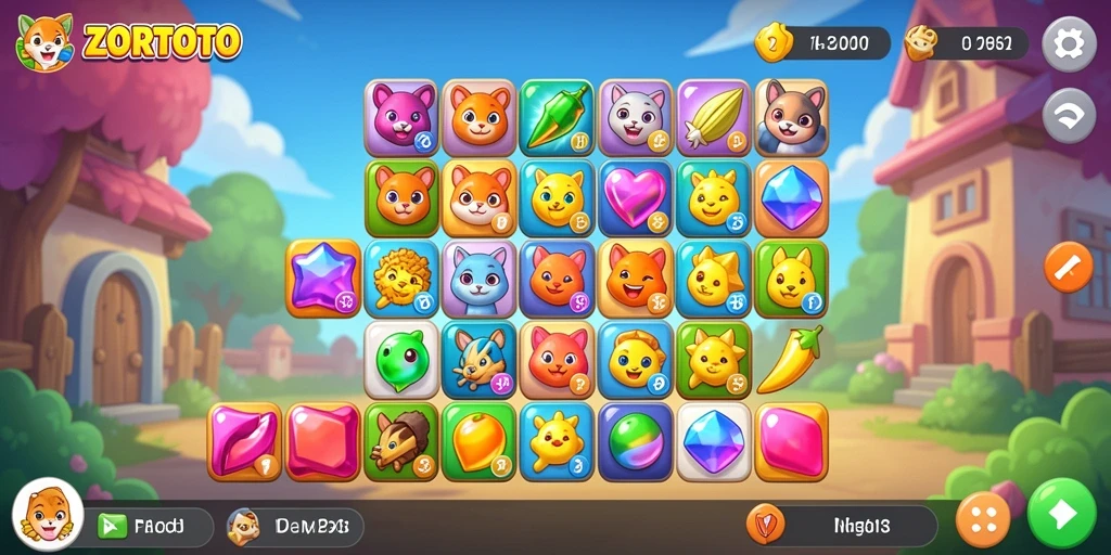 Screenshot gameplay ZORTOTO menampilkan aksi match-3 yang seru dan penuh warna.